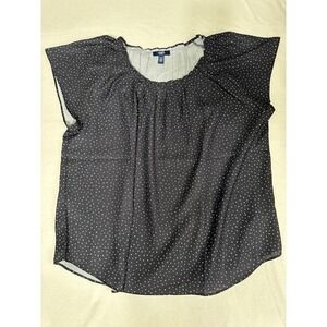 Chaps‎ XL Black Polka Dot Top Ruffle Neckline Short Sleeve Blouse